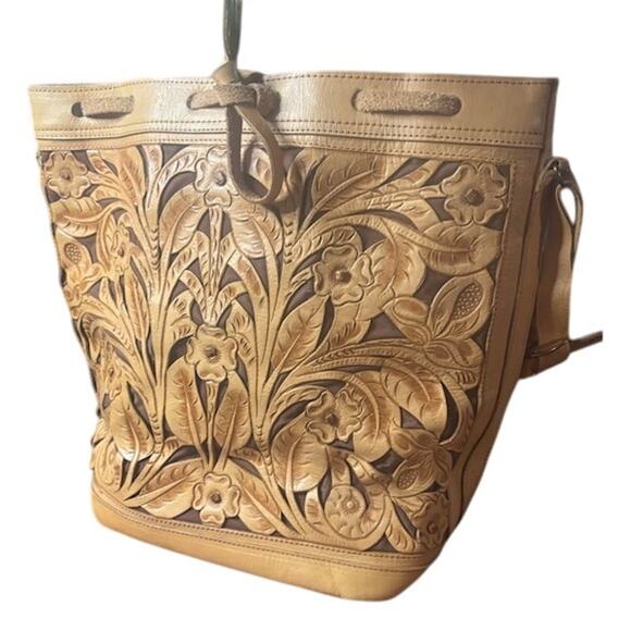 Vintage Hand Tooled Tan Brown Leather Hand / Shoulder Bag Floral Hippie Boho 70s - Picture 1 of 11